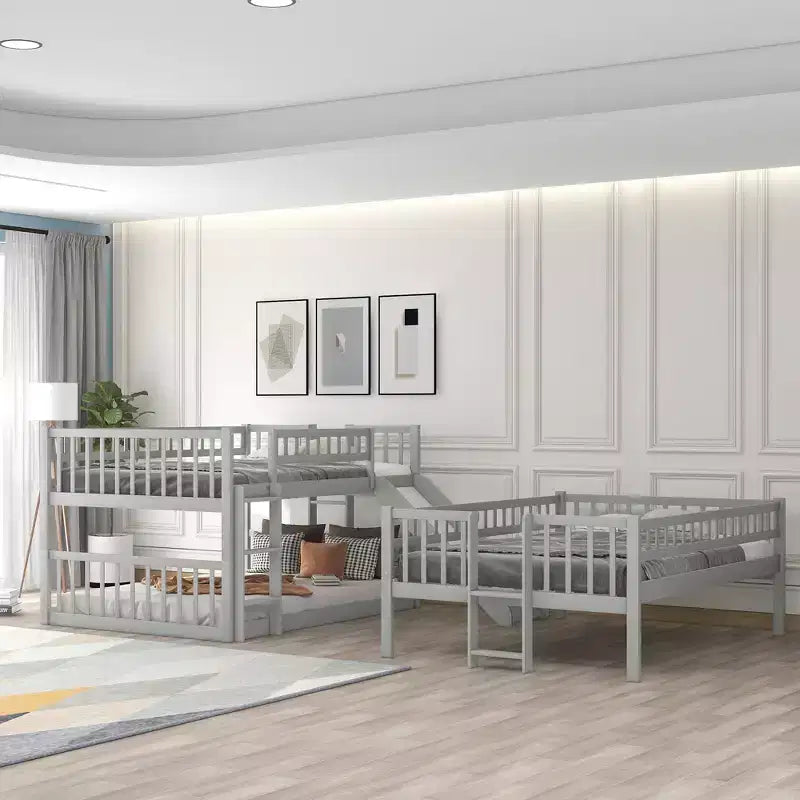 Doppelstockbett mit drei Etagen, Full-Size-Betten, umwandelbarer Leiter und Rutsche, Dreibettbett mit Schutzgeländern, Weiß/Grau/Espresso – ModernLuxe