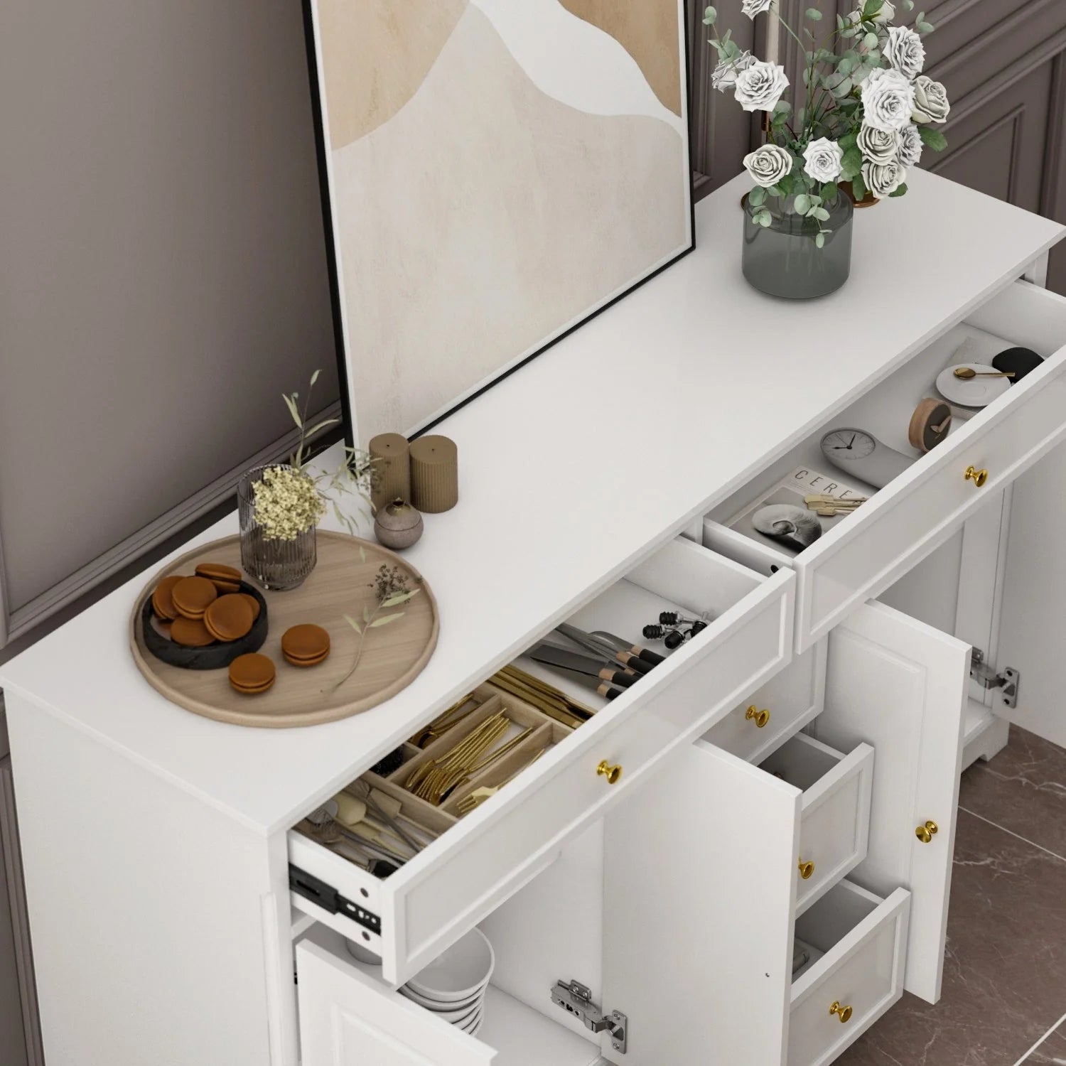 59,1'' Sideboard Buffet Weiß Mid-Century Modern Zeitgenössisch Lackiert