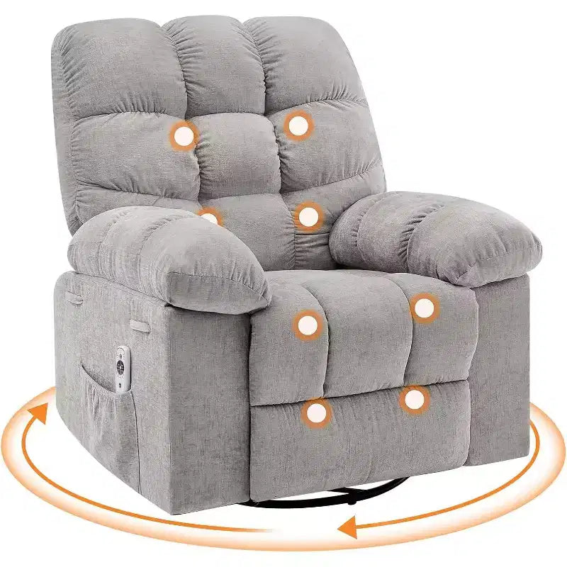Massage-Liegesessel mit Heizfunktion – 360° drehbarer Schaukelstuhl, überdimensioniertes Einzelsitzer-Sofa mit Vibration, USB-Anschluss und Aufbewahrungstaschen für Wohnzimmer/Schlafzimmer