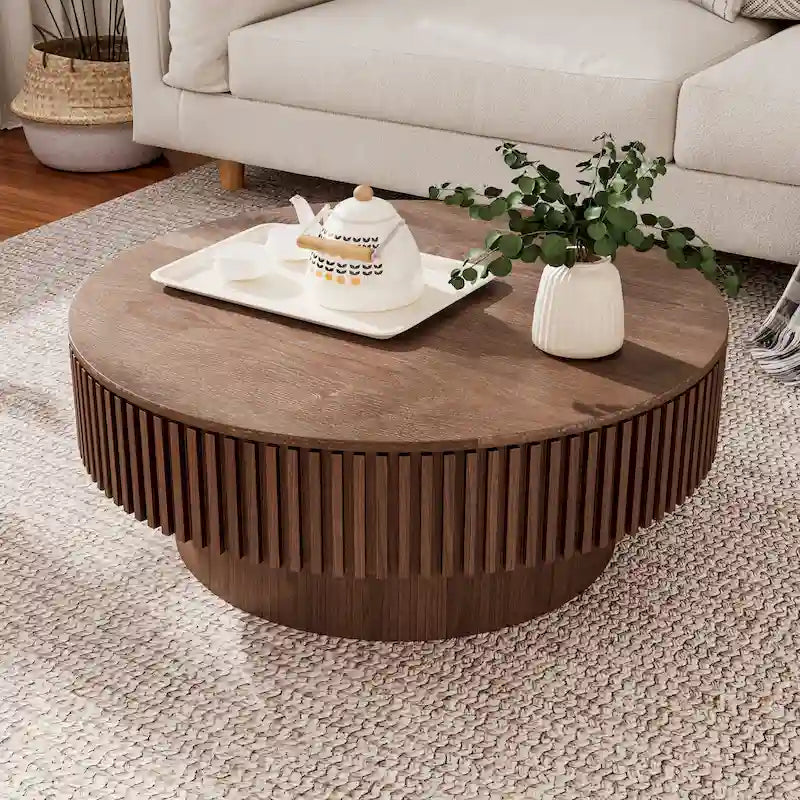 Moderner runder Couch-/Teetisch aus massivholzfurniertem Holz mit Stauraum