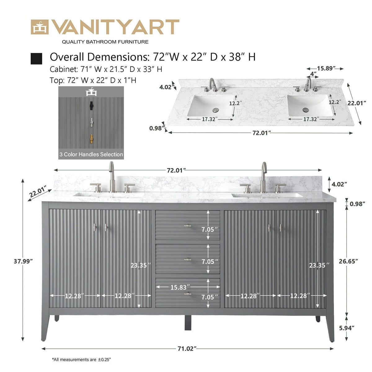 Vanity Art 72 Zoll Badezimmer-Waschtischunterschrank mit Doppelwaschbecken und Kunstmarmorplatte