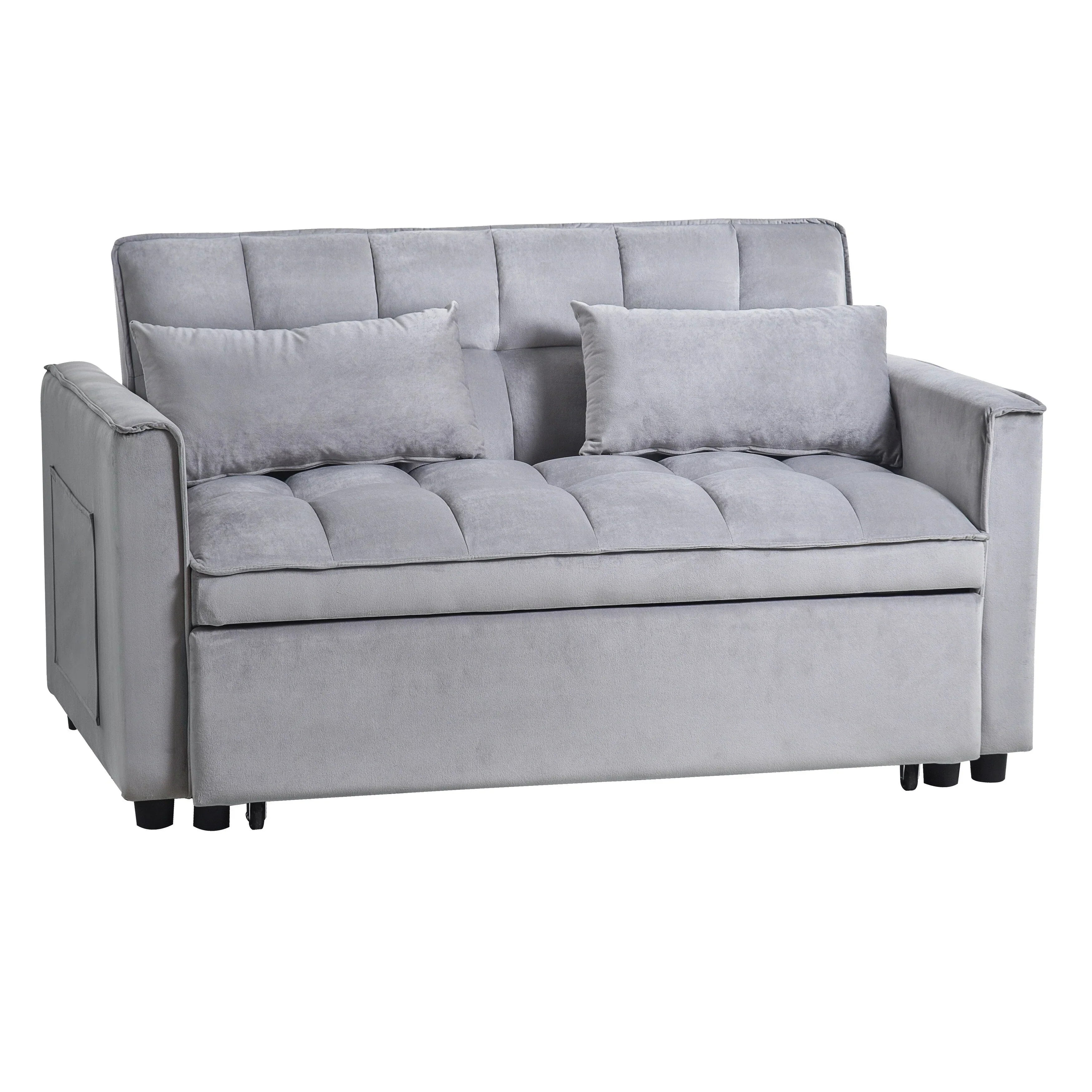 Modernes Schlafsofa zum Ausziehen, 3-in-1 Schlafsofa mit verstellbarer Rückenlehne, Samt-Zweisitzer, Kissen & Seitentaschen