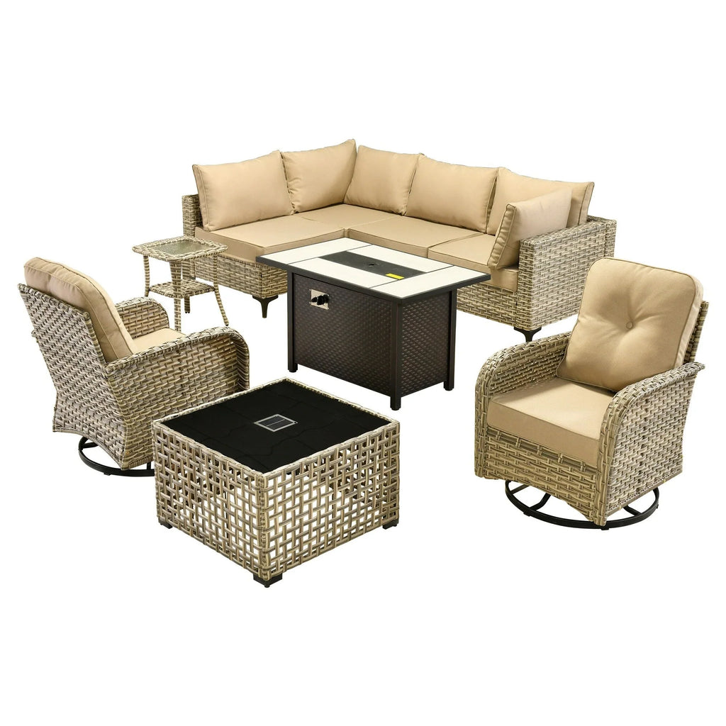 OVIOS 9-teiliges Gartenmöbel-Set aus Korbsessel und Feuertisch