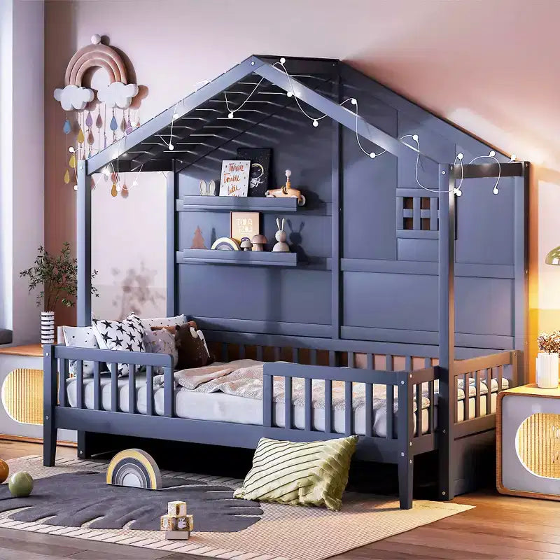 Hausbett in Twin-Größe mit Ablageregalen und Rausfallschutz, Montessori-Bettrahmen aus Holz für Kinder mit Fenster und glitzerndem Lichtband