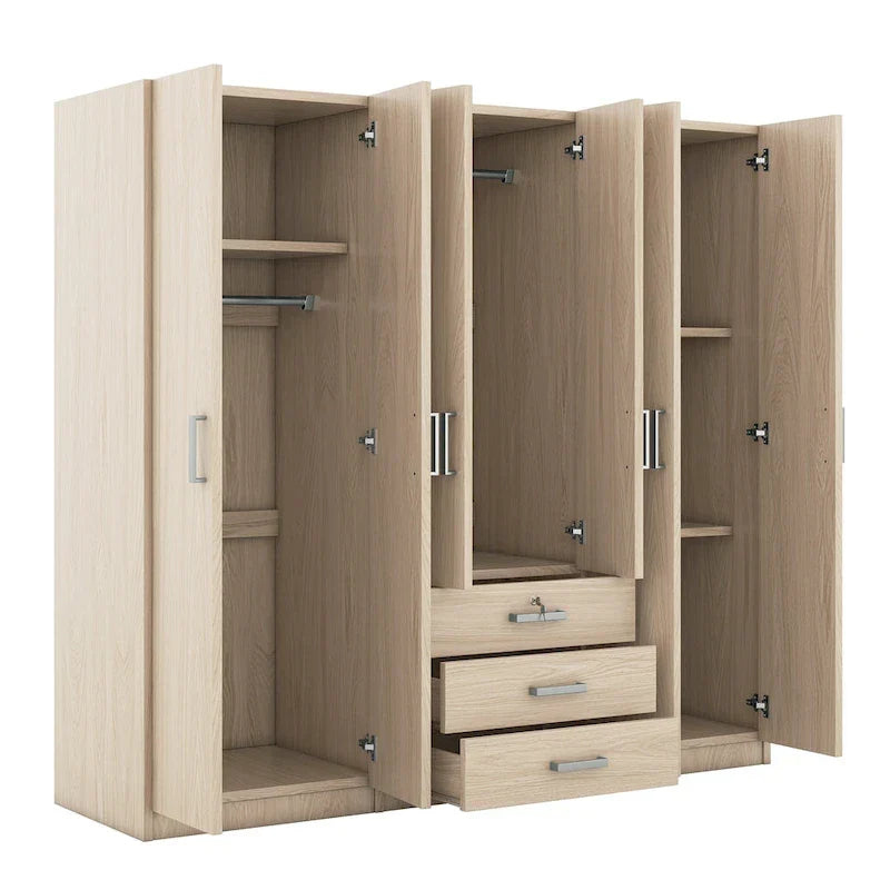 6-türiger Holz-Kleiderschrank mit 3 großen Schubladen für das Schlafzimmer