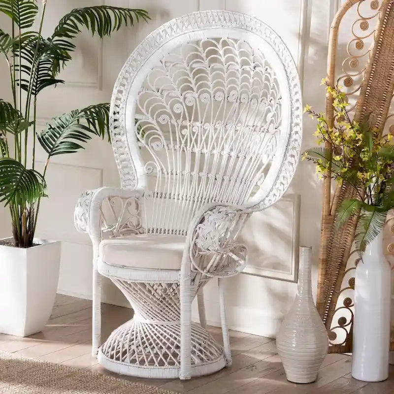 Kallima Moderner Bohemian Weißer Naturrattan-Pfauenstuhl