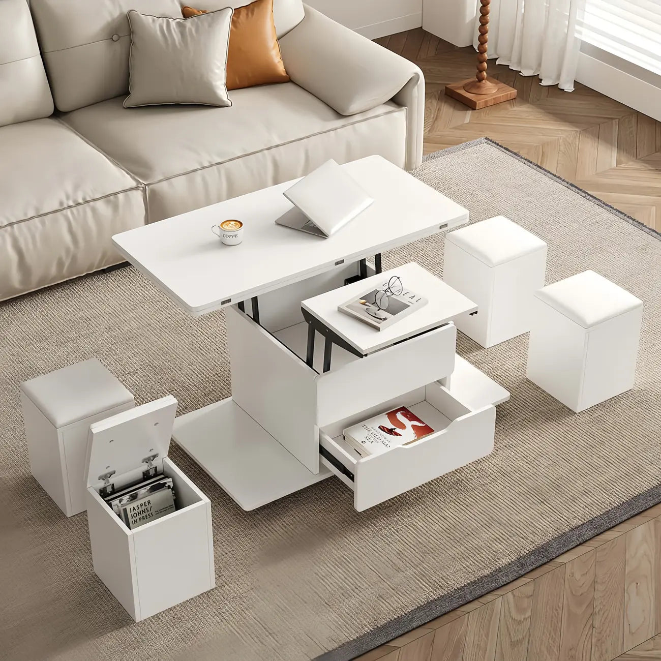 Klappbarer Couchtisch mit Liftfunktion, 4 Hockern und Stauraum