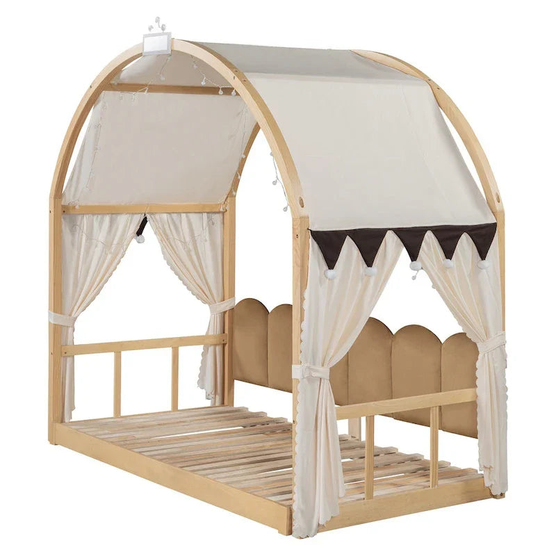 Massivholz-Spielhaus-Plattformbett, Montessori-Bettrahmen mit gewölbtem Dach und Ausziehbett für Mädchen und Jungen