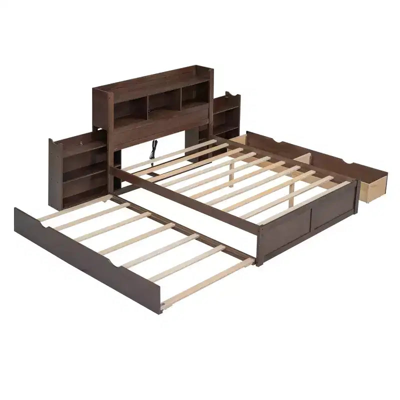 Plattformbett in voller Größe mit Stauraum, Ausziehbett, Kopfteil mit Bücherregal und Ladestation, Bettgestell aus Holz in voller Größe mit Regalen und Schubladen