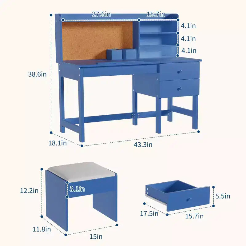 Kinder Schreibtisch und Stuhl Set, Holz Lerntisch mit verstellbarer Neigungsplatte, Schubladen & Korktafel - Schul-Lernschreibtisch Set für Kinder