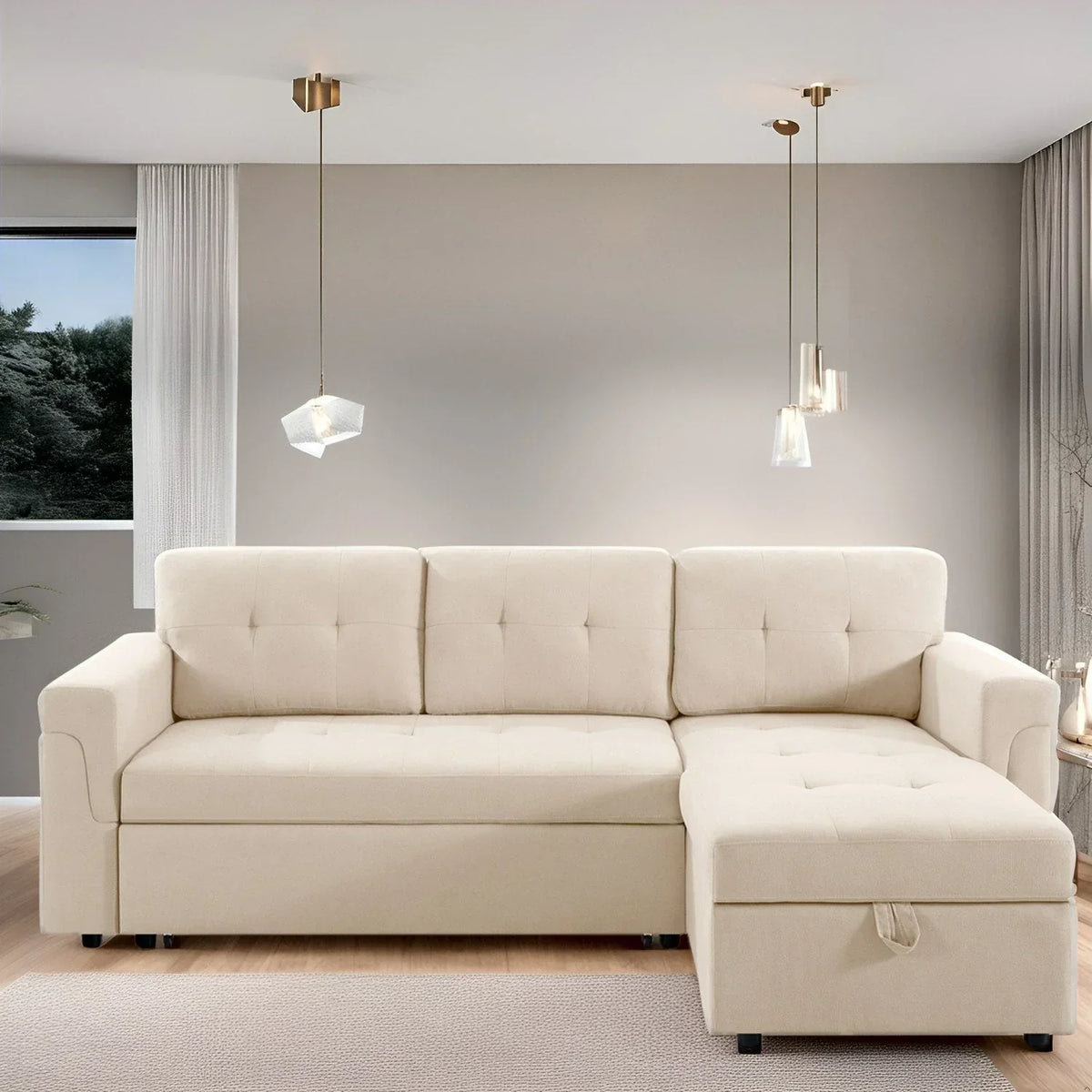 Verwandelbares, umbaubares Ecksofa mit ausziehbarem Schlafsofa, versteckter Aufbewahrung in der Récamiere und robusten Beinen