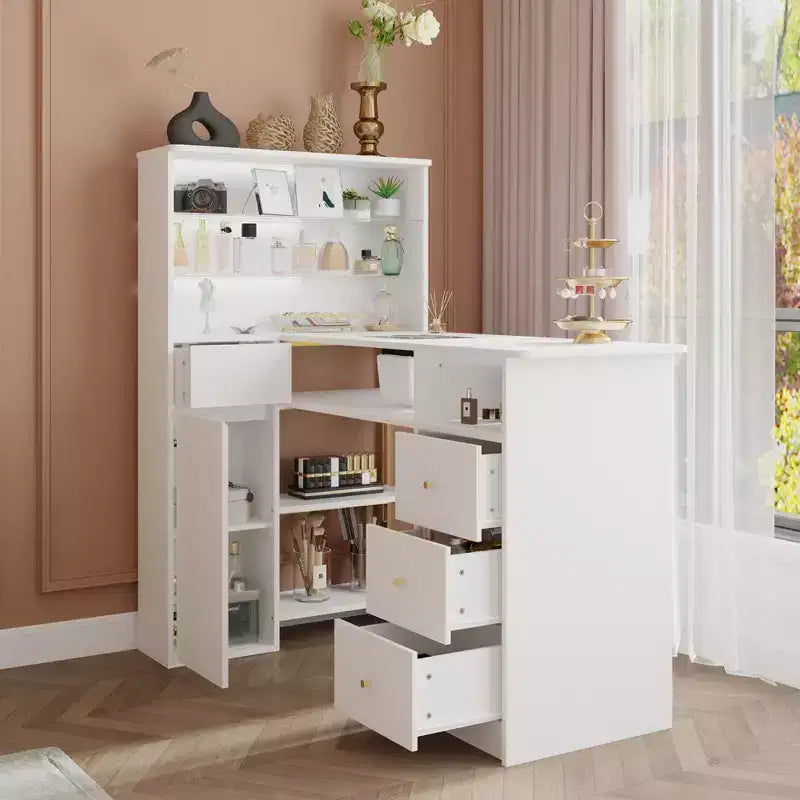 Weißer Nageltisch mit integrierter Staubabsaugung, Display aus gehärtetem Glas, goldenen Griffen, Nagelsalon-Station, Schminktisch