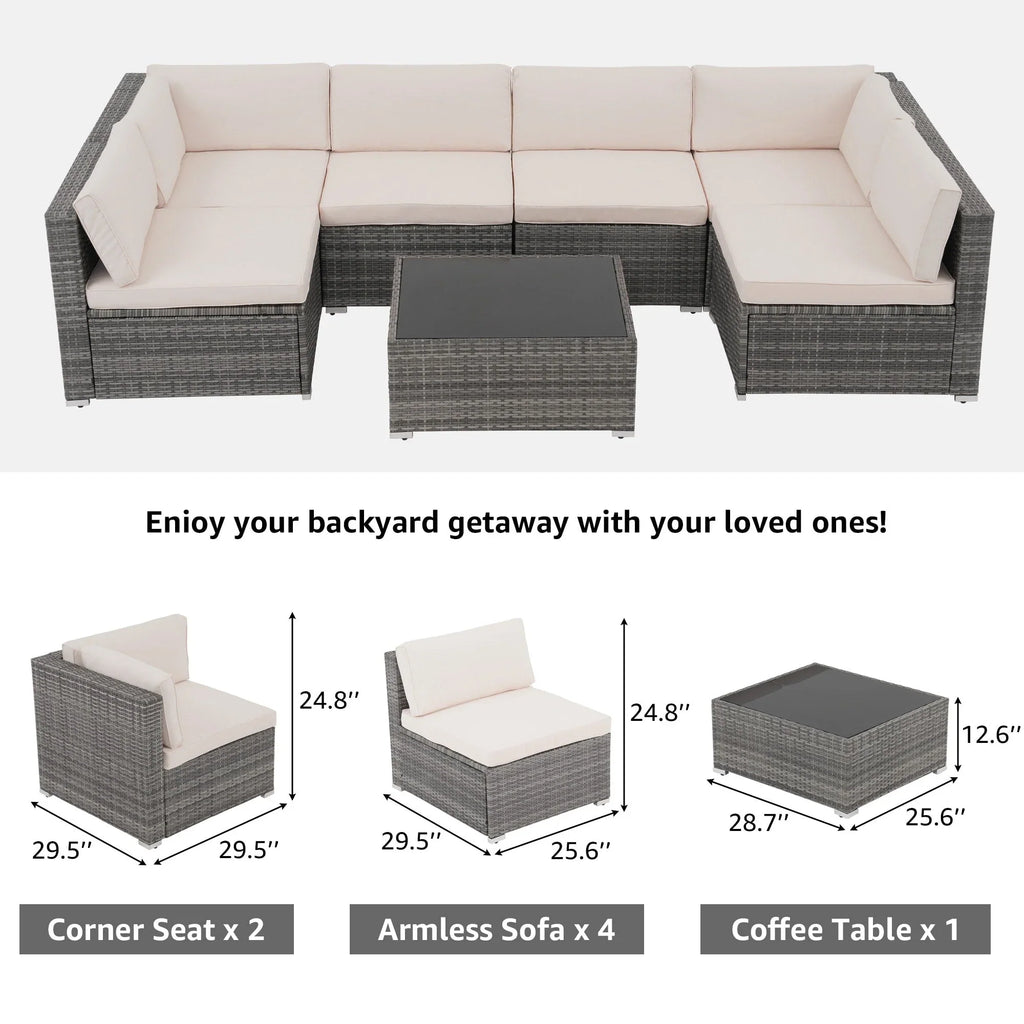 7-teiliges Outdoor-Sofa-Set aus Korbweide/Stahl mit Polstern