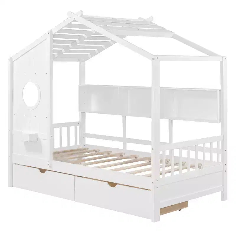 Hausbett aus Holz in Twin-/Full-Size mit 2 Schubladen, Kinderbett mit Ablageregal - ModernLuxe