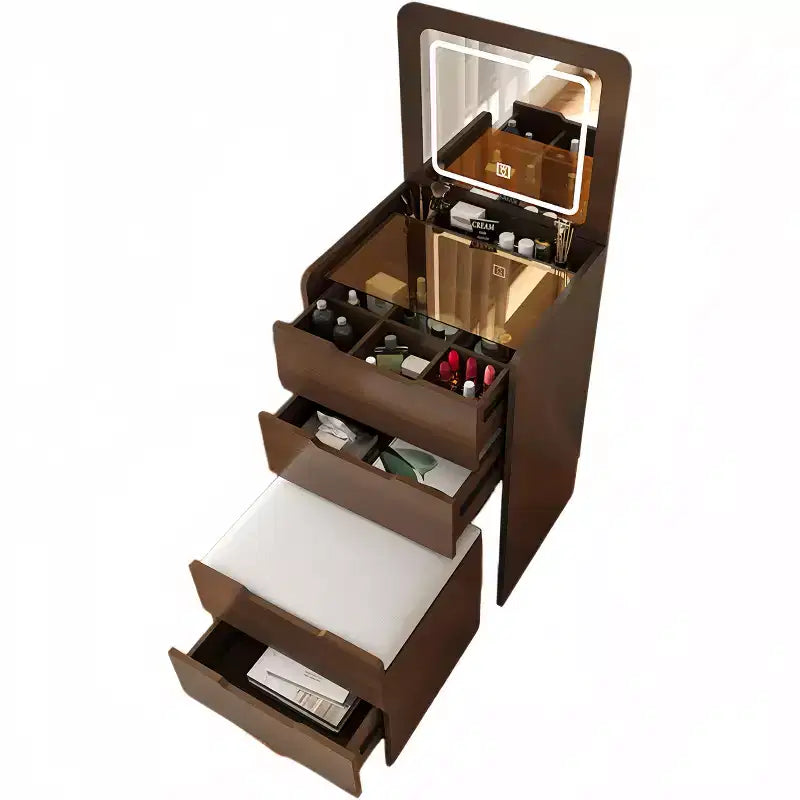 Okak 3-in-1 Schminktisch mit Klappspiegel, kompakter Waschtisch mit sichtbarer Glasplatte und gepolstertem Hocker, Schminktisch für das Schlafzimmer