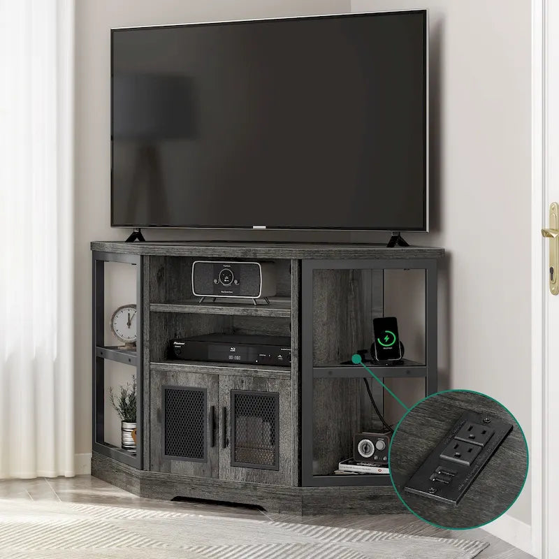 Farmhouse Eck-TV-Ständer Unterhaltungscenter Medienkonsole für Fernseher bis 55 Zoll mit Steckdose