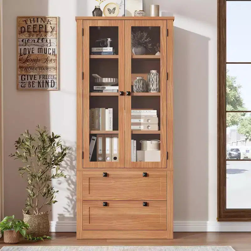Farmhouse Küchenschrank mit Glastüren, 183 cm Vorratsschrank mit Schubladen und verstellbaren Regalböden für Esszimmer, Bad, Wohnzimmer