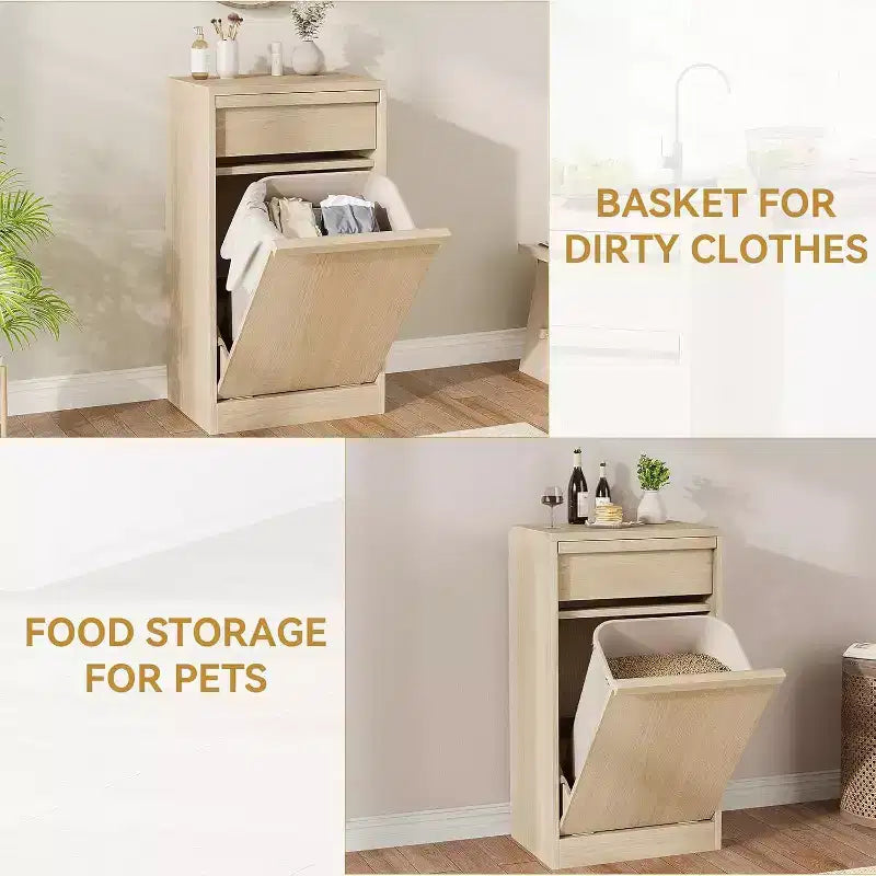 Kippbarer Mülleimer, natürliche Eiche, Mülleimer mit Stauraum und Schublade, versteckter Müllschrank, Wäschekorb für Küche, Esszimmer, Wohnzimmer